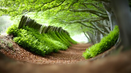Fototapeta premium Enchanted forest path through a lush green tree tunnel, magical woodland trail with vibrant ferns and moss, scenic nature landscape for travel and wellness