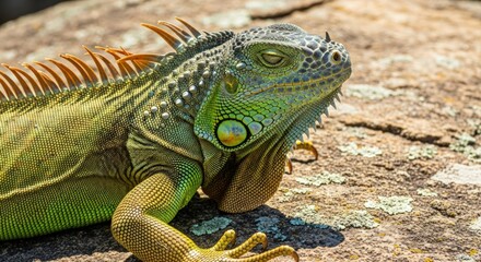 Fototapeta premium Green Iguana Resting on a Rock: Close-up of a Tropical Reptile