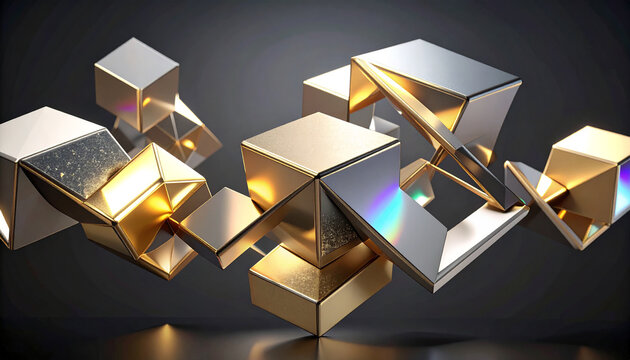 A dynamic array of floating gold and silver metallic cubes, an abstract 3D rendering symbolizing futuristic technology and digital innovation
