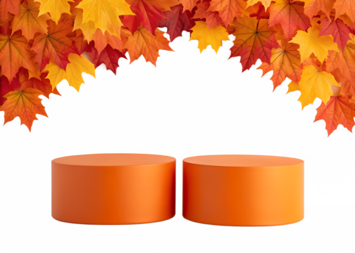 Two orange cylindrical pedestals against a black background with autumn leaves overhead isolated on transparent background