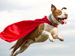 A brown and white pitbull dog wearing a red cape jumping in the air with a cloudy sky background