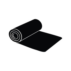 A stylized solid black yoga mat partially unrolled against a white background, yoga mat silhouette vector illustration