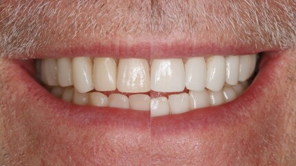 Obraz premium Two halves of a smile are displayed, showcasing a noticeable contrast between stained teeth on one side and bright, healthy teeth on the other. This highlights effective dental treatment.
