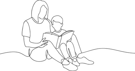 Mother and son reading together single line drawing