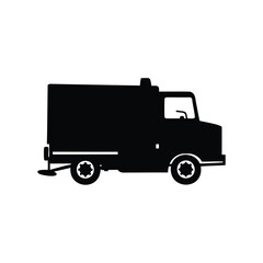 Black silhouette of a delivery truck or van on a white background, Delivery truck silhouette vector illustration