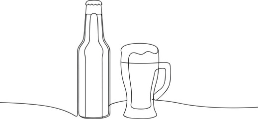 One line drawing beer bottle and glass