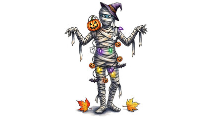 Cartoon mummy figure with halloween decorations on a white background