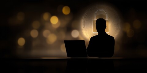 Cryptocurrency Security with Digital Coin and Lock, Faceless Professional Silhouette on Laptop in Luxury Cinematic Style with Wide Background and Clean Copy Space