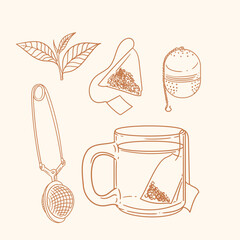 Set of original illustrations of a teacup, infuser. Vintage ink line drawing for cards, menus, cafes, baristas, tea houses, or graphic design. In vector.
