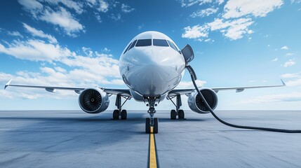 Modern passenger airplane refueled with sustainable aviation fuel at airport terminal, representing renewable energy transition in aviation industry