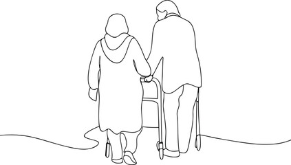 Seniors walking together continuous line art drawing