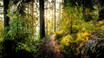 Obraz premium Misty Forest Path with Sunlight and Lush Green Trees Tranquil Nature stock photo