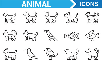 Vector outline icons of animals including bird, seal, cat, and dog for zoology illustrations