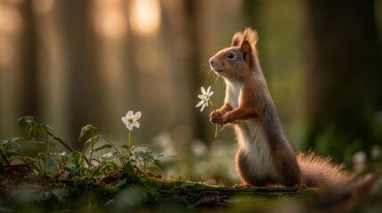A squirrel stands on its hind legs, clutching a delicate flower, surrounded by lush greenery and soft morning light filtering through the trees.