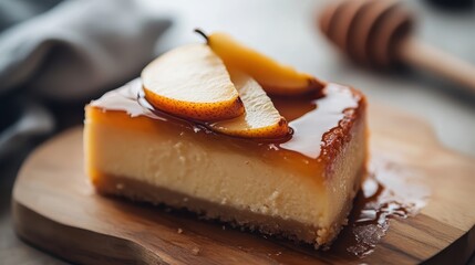 Delicious creamy cheesecake with pear and honey glaze on wooden board