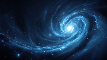 Fototapeta premium A vast, swirling spiral galaxy emanates radiant blue light against a dark cosmic background. Stars twinkle amid the stunning formations, showcasing the beauty of the universe.