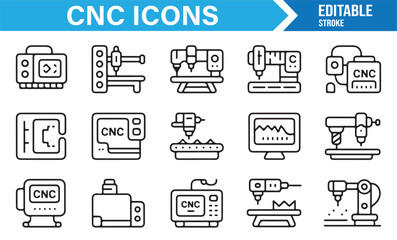 CNC technology and industrial equipment icon collection for manufacturing and machining themes
