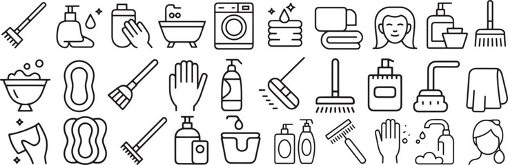 Obraz premium Cleaning and Hygiene Icons: Household Supplies, Washing, and Sanitation 
