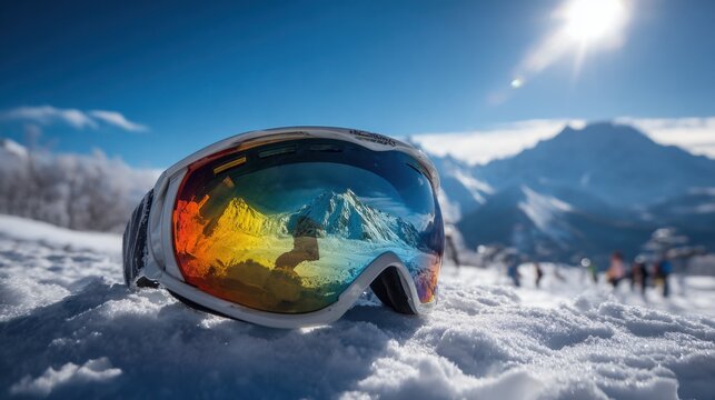 Colorful ski goggles sit on soft snow, reflecting majestic mountains and a brilliant blue sky. Nearby skiers can be seen enjoying the winter sports on this sunny day.