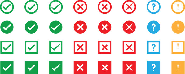 Collection of green checkmarks red crosses blue question marks and orange exclamation points check mark  exclamation mark, symbol,