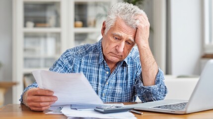 A senior man sits at a wooden table, looking worried as he reviews bills and financial documents next to a laptop. Natural light fills the modern living area.