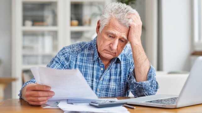 A senior man sits at a wooden table, looking worried as he reviews bills and financial documents next to a laptop. Natural light fills the modern living area.