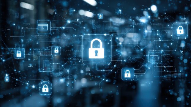 A network of digital padlocks is displayed against a blurred background, representing modern cybersecurity measures and data protection strategies in a high-tech environment.