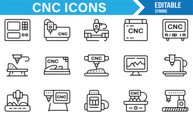 CNC icons collection for industry, factory automation, machining, and manufacturing projects
