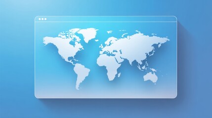 A detailed world map in white is showcased on a translucent digital screen against a soft blue background, highlighting geographical features and global proportions.