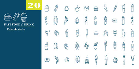 Editable Line Icons of Various Fast Food and Drinks