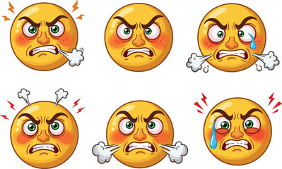 Angry Emoji Faces Vector Set with Steam, Tears, Lightning, Expressive Cartoon Emotions for Frustration, Rage, and Mood Illustration