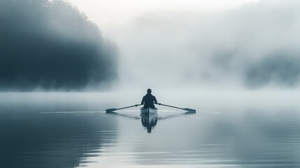 A lone rower navigates a misty lake.