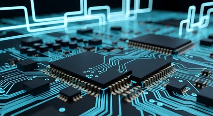 Extreme Macro Low-Angle View of Glowing Neon Blue Circuit Board with Shallow Depth of Field, Revealing Microscopic Transistors and Luminous Data Streams in a Night-Time Digital Landscape.