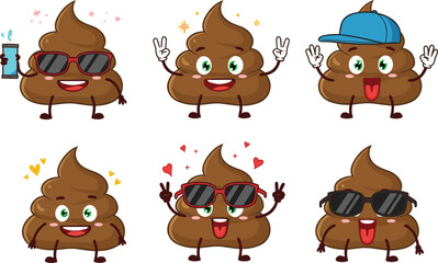 Cool funny poop emoji cartoon characters set with sunglasses, smartphone, cap, stylish, happy, love, comic and expressive illustration