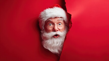Santa Claus with a white beard and red suit shows a surprised expression as he peeks through a torn red background, embodying holiday cheer and excitement.
