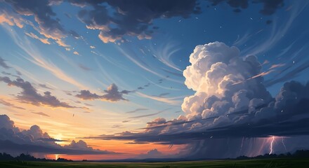Dramatic sunset with lightning and beautiful clouds.