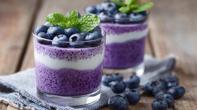 Two clear glasses filled with layers of creamy blueberry and yogurt parfaits sit on a rustic wooden table. Fresh blueberries and mint leaves complete the presentation.