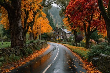 Autumn serenity scenic country road in vibrant fall colors tranquil landscape documentary photography perspective