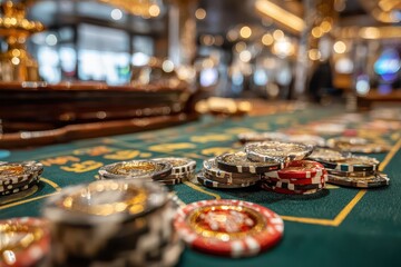 Close-up view of casino chips stacked on a green felt table, creating a luxurious atmosphere with warm bokeh lights in the background, ready for high-stakes game.