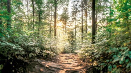 Obraz premium Misty Forest Path with Sunlight and Lush Green Trees Tranquil Nature stock photo
