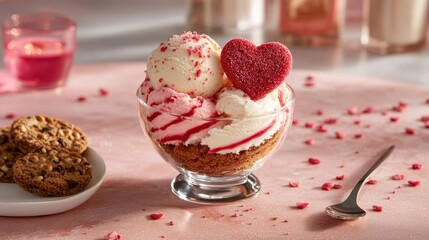 Delicious dessert featuring ice cream, cookies, and heart-shaped treat