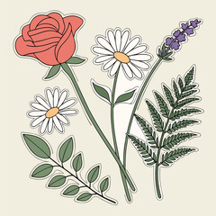 Aesthetic flat lay collection of hand drawn rose and daisy floral stickers perfect for scrapbooking and digital journaling