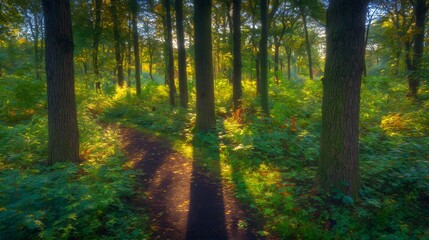 Obraz premium Misty Forest Path with Sunlight and Lush Green Trees Tranquil Nature stock photo