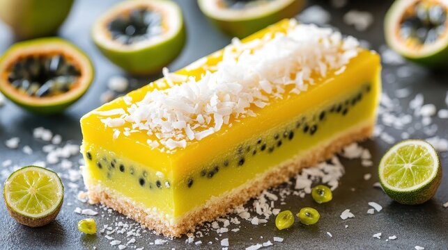 Delicious Mango Passion Fruit Cake with Coconut and Lime Garnish - Powered by Adobe