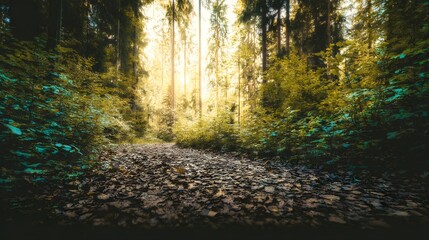 Obraz premium Misty Forest Path with Sunlight and Lush Green Trees Tranquil Nature stock photo
