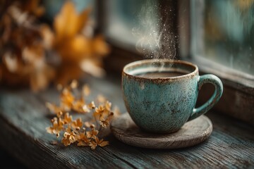 Steaming autumn mug on a wooden surface cozy atmosphere nature photography indoor setting warm concept