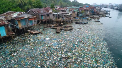 Garbage covers the water surface near a dilapidated settlement, highlighting environmental issues faced by coastal communities. The impact of pollution on daily life is evident.
