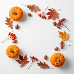 Minimal fall wreath frame with pumpkins, acorns and autumn leaves on white