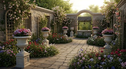 Obraz premium Elegant garden with stone walls and vibrant flowers.