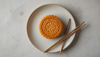 Fototapeta premium Single mooncake on a ceramic plate with a pair of chopsticks neatly placed beside it, soft neutral background, overhead flat lay.